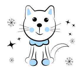 Cat and snowflakes on white background