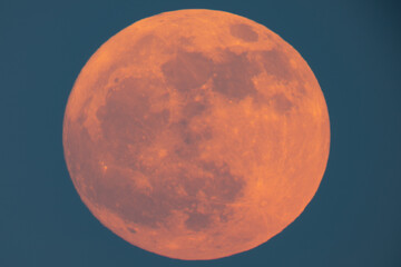 Super strawberry moon rising over the sea, a reddish full moon rising over the sea on a summer night. full moon