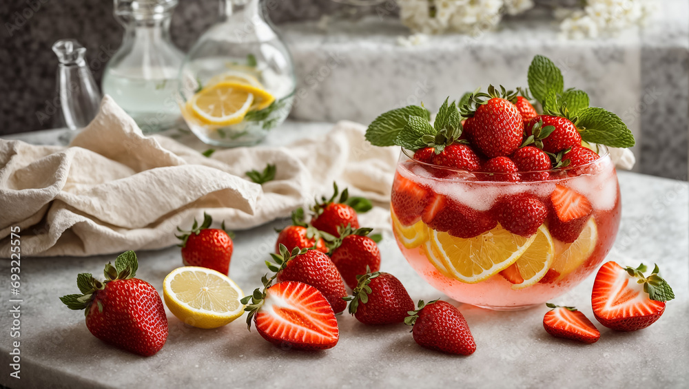 Wall mural fresh lemonade with strawberries, lemon and mint