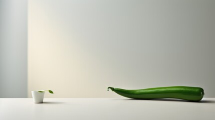  a green pea sitting on top of a white table next to a white cup with a green pea sitting on top of a white table next to a green pea.