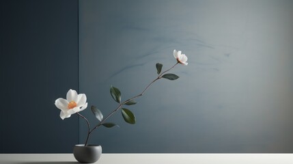  a white flower in a gray vase on a table with a reflection of a blue wall in the corner of the room behind it is a gray vase with a single white flower in the foreground.
