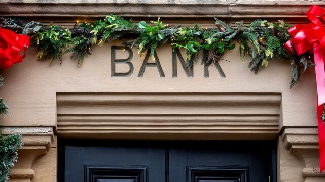 Bank Sign with Christmas Decorations 