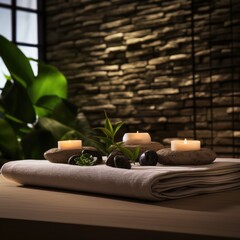 A picture of spa pebbles, flowers and candles on the background of a stone wall, for relaxation. AI generated.