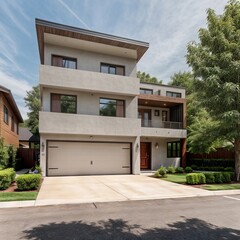 Fototapeta premium A Contemporary Dwelling with Stylish Architecture, Beautiful Exterior Design, and a Serene Garden Setting. Perfect Family Home in a Residential Neighborhood, Featuring Thoughtful Construction