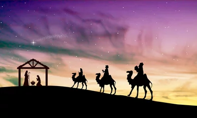 Zelfklevend Fotobehang Christmas Nativity Scene - Three Wise Mens go to the stable in the desert © lukbar