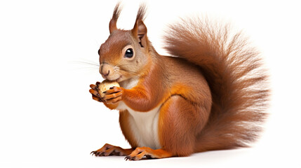 Red Japanese Lis squirrel, sitting side ways, holding a hazel nut in front paws. generative ai