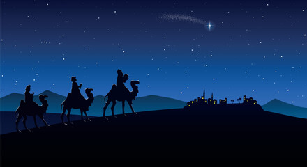 Christmas Nativity Scene - Three Wise Men go to Bethlehem in the desert at night