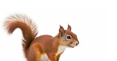 Red Japanese Lis squirrel, standing facing front on edge. Tail up in typical squirrel. generative ai