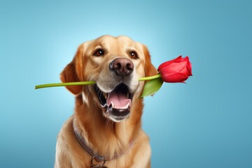 Cute dog with tulip flower on valentines day on background