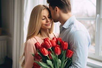 Lovely couple with flowers kissing and hugging at home