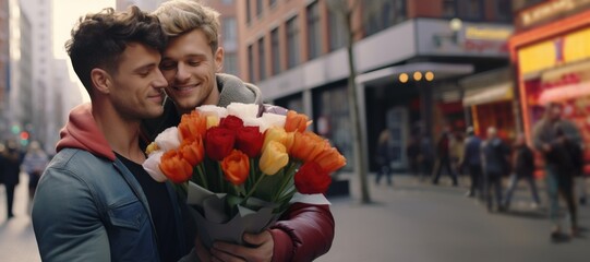 Two lovely men gay couple with present celebrating valentines day