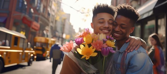 Two lovely men gay couple with present celebrating valentines day - Powered by Adobe