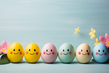 Easter eggs with smiley faces and daisies on wooden background