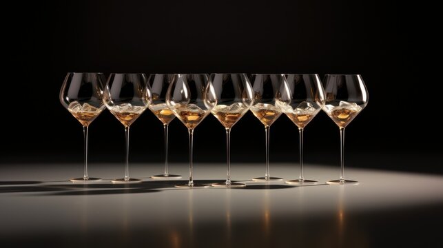  a row of wine glasses sitting next to each other on top of a white counter top in front of a black background with a shadow of the glasses on the floor.