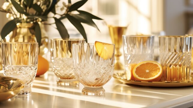  a close up of a table with glasses and a vase of flowers in a vase and a plate of oranges and a vase with a plant in the background.