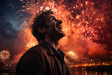 Fototapeta premium fireworks explosive displays of dazzling lights vibrant colors illuminate the night sky during celebrations and festivities. happy woman man girl boy silhouette banner copy space greeting card poster.