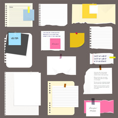 Paper notes, stickers, sticky sheets and tape. Blank notepaper of meeting reminder, to do list and office notice or information board with appointment notes.