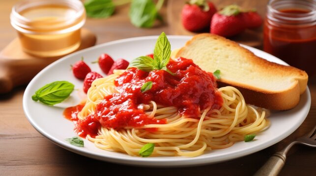  a plate of spaghetti with tomato sauce and bread on a table next to a jar of honey syrup and a glass of tea and a spoon on a wooden table.