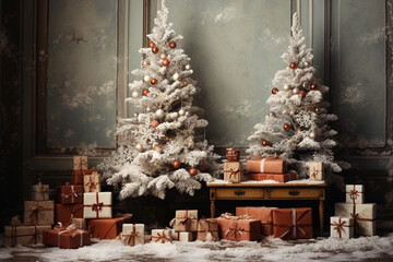 Minimalist Bliss: A Tranquil Scene with a Christmas Tree and Gifts, Capturing the Essence of Holiday Joy in Subtle Elegance