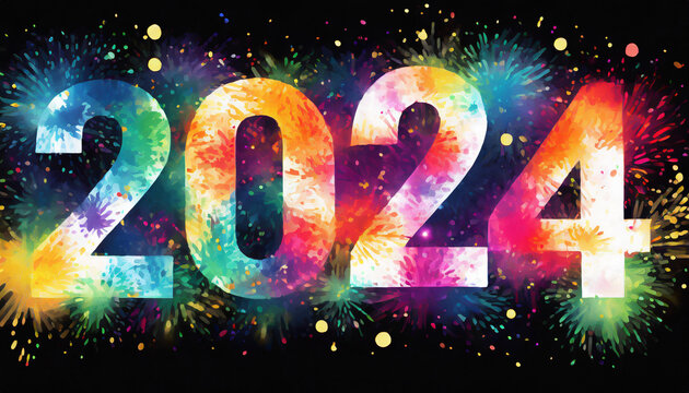 Celebration 2024 colorful sparkles, watrercolor art