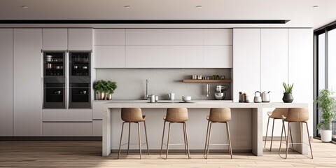 Modern two-storey kitchen with white walls, wood flooring, built-in cooker, and gray island with sink and stools - visualization - obrazy, fototapety, plakaty