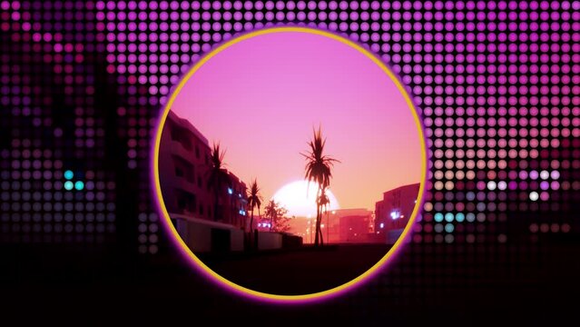 vaporwave stylized graphic animation with small town street with sunset in background. Around circle stylized small dots imprint game pattern overlay