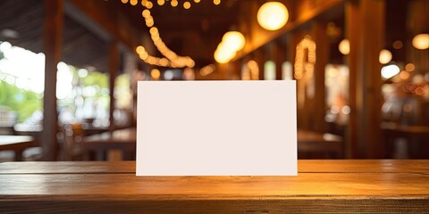Create labels for the menu frame in a bar restaurant using white paper tent card on a wooden table with blurred background, allowing customers to insert their own text.