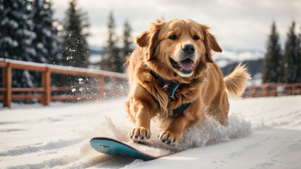 golden retriever dog playing in the fresh snow riding a snowboard in the high mountains