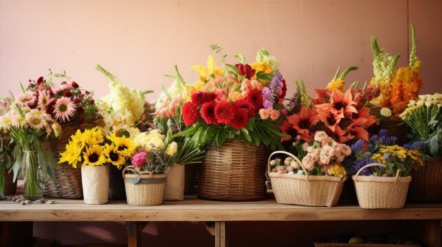  a table topped with baskets filled with lots of different types of flowers on top of a wooden table next to a wall with a pink painted wall in the background.