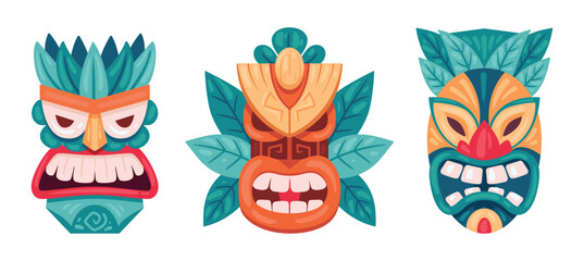 Ceremonial tiki totem masks. Cartoon wooden tiki masks, ethnic tribal ritual masks. African or hawaiian idols flat vector illustration set. Tiki totem mask collection - obrazy, fototapety, plakaty