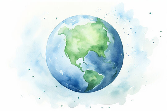Illustration de planète terre à l'aquarelle. Monde, terre, univers. Bleu et vert. Papier, dessin, peinture. Pour conception et création graphique.