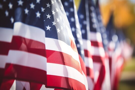 Closeup of an American flag in a row
