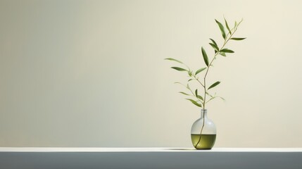  a glass vase with a plant in it sitting on a table in front of a white wall with a shadow of a plant in the vase on the side of the table. - obrazy, fototapety, plakaty