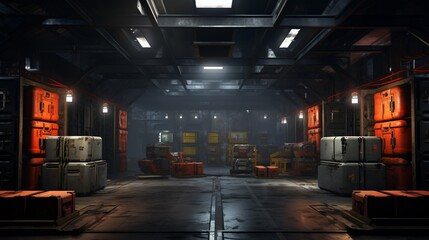 An industrial vault filled with metallic crates and containers, their surfaces reflecting the faint glimmer of overhead spotlights, creating an atmosphere of organized precision