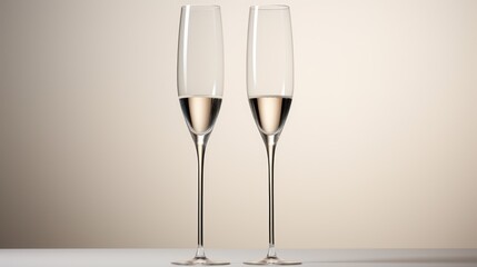  a pair of champagne flutes sitting next to each other on top of a table with a beige wall in the background and a white table with a white table cloth on it.