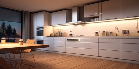 Modern kitchen design with sleek furnishings and wooden flooring. Minimalist cooking area with...