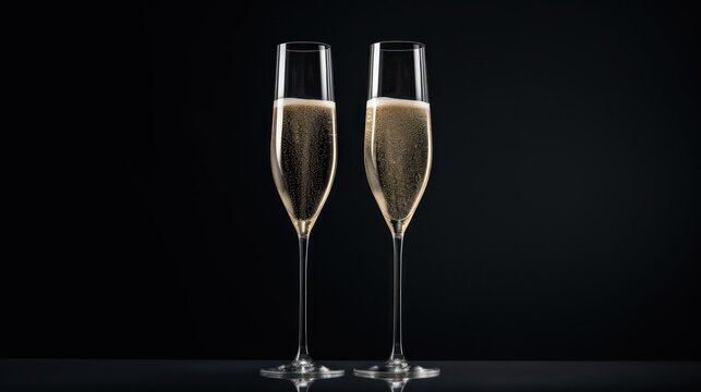  two glasses of champagne sitting next to each other on top of a black surface with a reflection of the wine being poured in the glass to the side of the glasses.