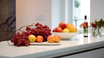  a bowl of fruit sitting on top of a counter next to a bowl of fruit and a bottle of wine on top of a counter top of a white counter.