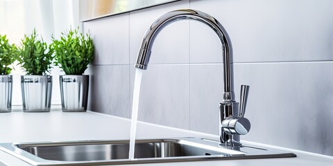Chrome faucet for kitchen water. - obrazy, fototapety, plakaty