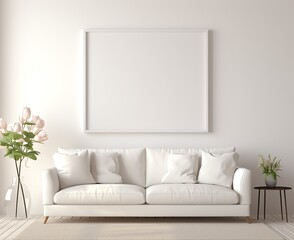 a white couch and a picture frame on a wall