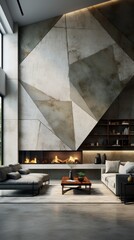 Living room interior with concrete decorative wall panels panoramic window 