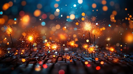 fireworks sparklers on a brick surface - obrazy, fototapety, plakaty