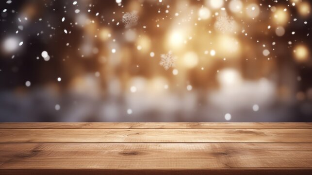 a wooden table with snowflakes