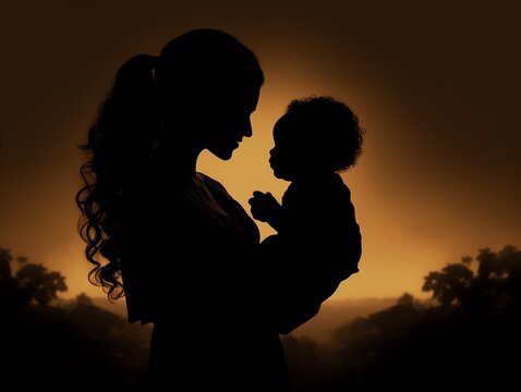 a silhouette of a woman holding a baby