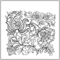 Fantasy flowers and bird, decorative flowers and leaves in art nouveau style, vintage, old, retro style. Coloring page for the adult coloring book. Vector illustration.