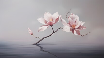  a branch with pink flowers in the middle of a body of water with a reflection of the water in the middle of the frame and a gray sky in the background.