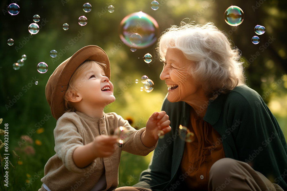 Wall mural grandmother and grandson play with soap bubbles in the fresh air. happiness. aged people.