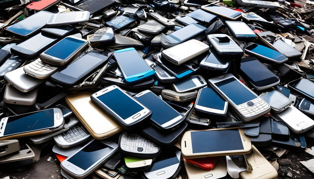 Heap of old waste smartphones