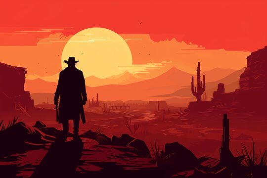 a man standing in a desert with cactuses and a sunset