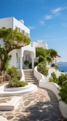 Fototapeta na wymiar Luxury white hotel and resort mediterranean style. Generative AI